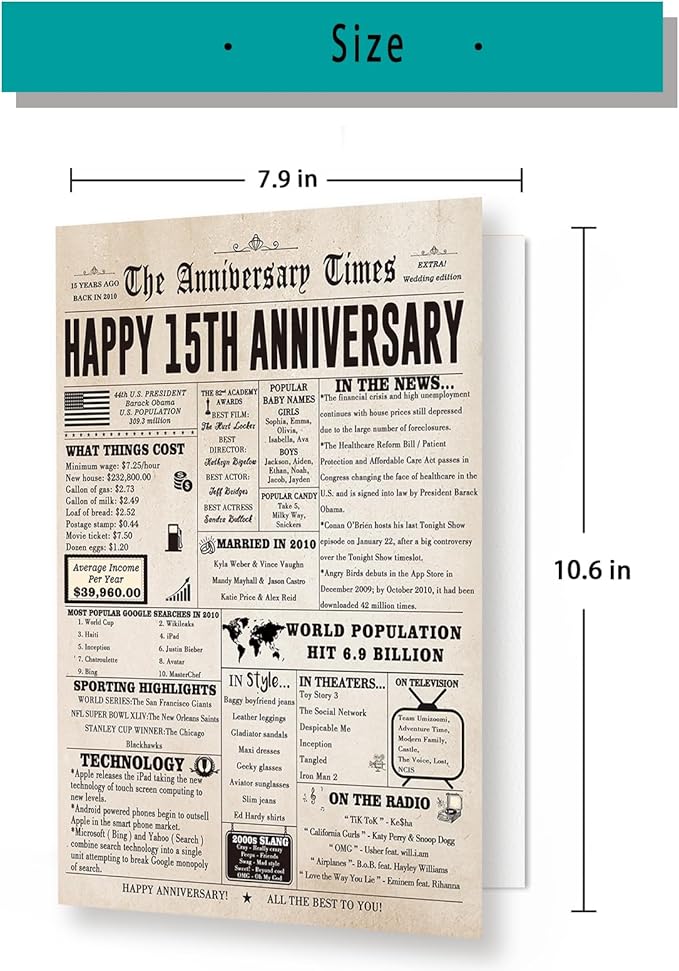 Happy 15th Anniversary Cards Gifts for Wife Husband, Funny 15 Year Anniversary Decorations for Men Women, Large 15th Wedding Anniversary Card for Him Her