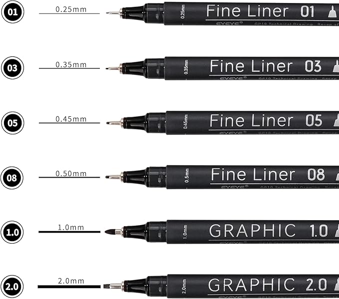 EYEYE Micro Pens, Black Drawing Art Pen,0.25/0.35/0.45/0.5/1.0/2.0mm Archival Pens Waterproof Ink Set Artist Supplies Archival Inking Markers Sketch Outline Pen