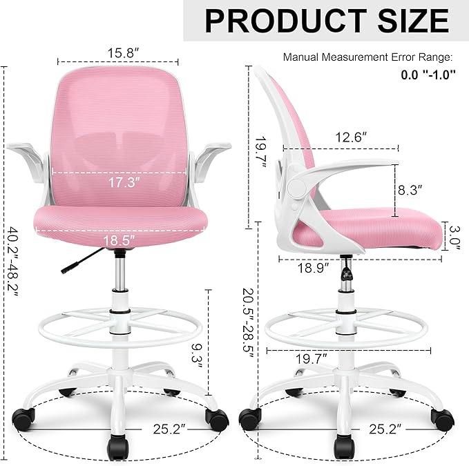 Primy Drafting Chair Tall Office Chair with Flip-up Armrests Executive Ergonomic Computer Standing Desk Chair with Lumbar Support and Adjustable Footrest Ring (Pink)