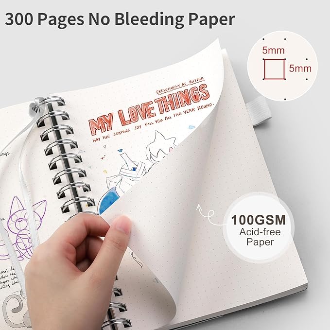 EMSHOI Spiral Notebook Bullet Dotted Journal, A5 Dotted Grid Notebook with 300 Pages, 100gsm Thick Paper, Waterproof Softcover Notebook for School Work Writing, 5.7" × 8.22" - Transparent