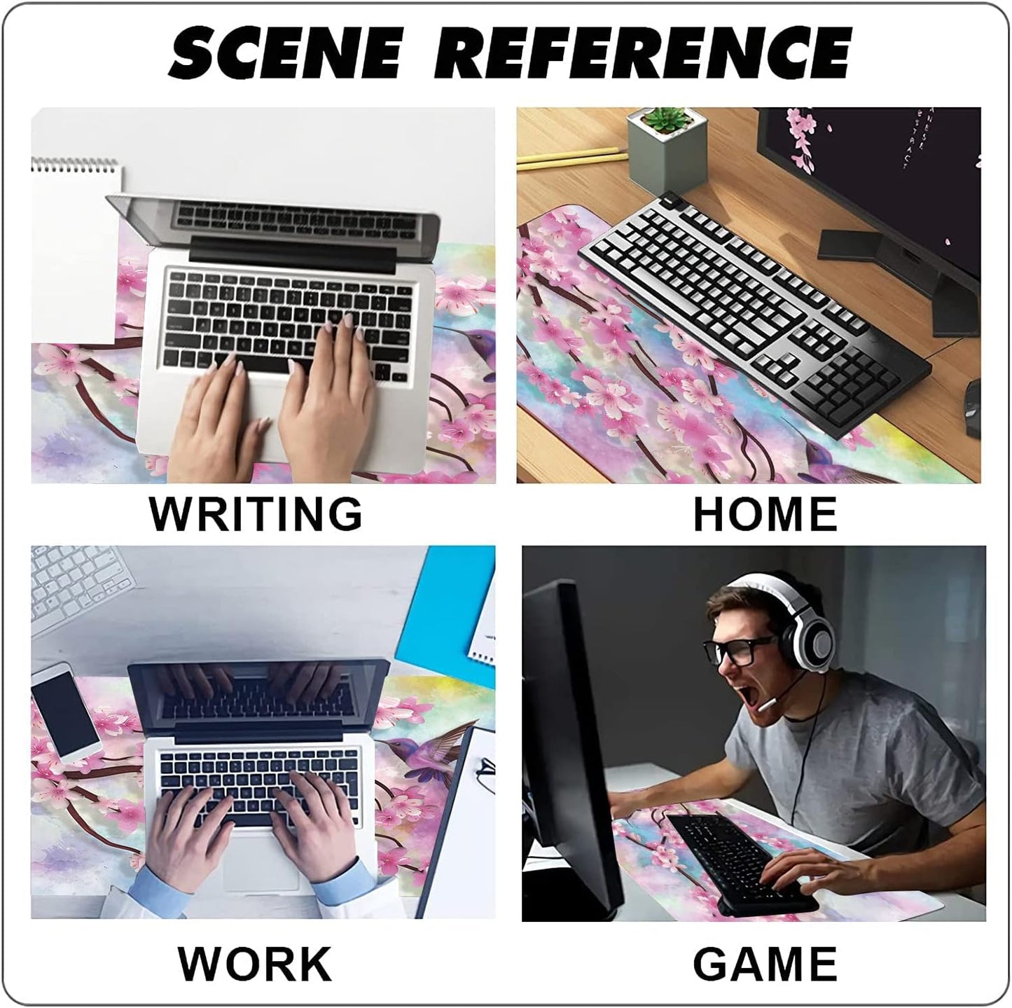 Extended Large Gaming Mouse Pad Spring Peach Blossoms and Hummingbirds XXL Size Keyboard Mouse Mat Desk Pad with Non Slip Rubber Base Stitched Edges Office Decor for Women Girls Men,35.4 x 15.7inch