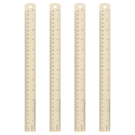 HARFINGTON 4pcs Metal Straight Ruler 30cm Metric SAE Aluminum Alloy Measuring Rulers Scale Tool with Hole for Measure Study Reading Classroom Office, Beige