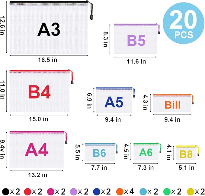 20pcs Mesh Zipper Pouch Bags,9 Sizes Plastic Zipper Bags for Organization,Reusable Zipper Pouches for Puzzle Board Game Storage,for Travel School Office Supplies.
