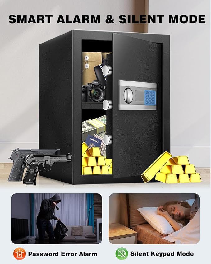 2.5 Cu Home Safe Box, Durable Digital Safe with Movable Partition, Smart Alarm, Silent Keypad Mode, and Motion Sensor Lights for Home, Office, Dorm, and Hotel Use