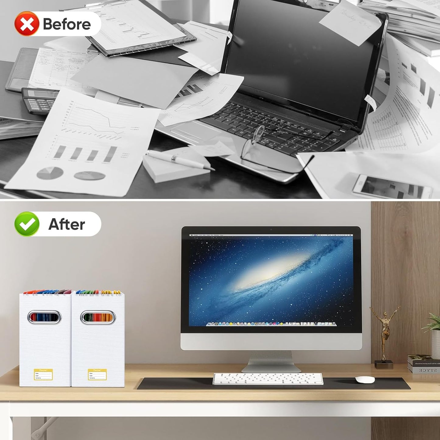 BALEINE File Organizer Box, Cardboard File Folder Organizer with Handle for Letter Size, Portable Collapsible Hanging Filing Box for Home Office Document Storage (4 Pack, White)