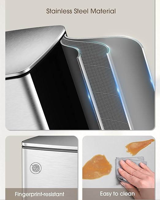 Lovewind Kitchen Trash Can with Lid, 5.2 Gallon/20 L Footstep Garbage Can for Kitchen Bedroom Home Office, 20 Liter Trash Bin Brushed Stainless Steel Waste Bin with Soft-Close Lid,Silver