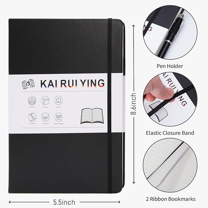 KaiRuiYing Lined Journal Notebooks, 3 Pack, 160Pages, Medium 5.5 x 8.6 inch, College Ruled, A5-100 GSM Thick PaperHardcover Notebooks, Journaling Notebooks for Work, Writing, School (Black)