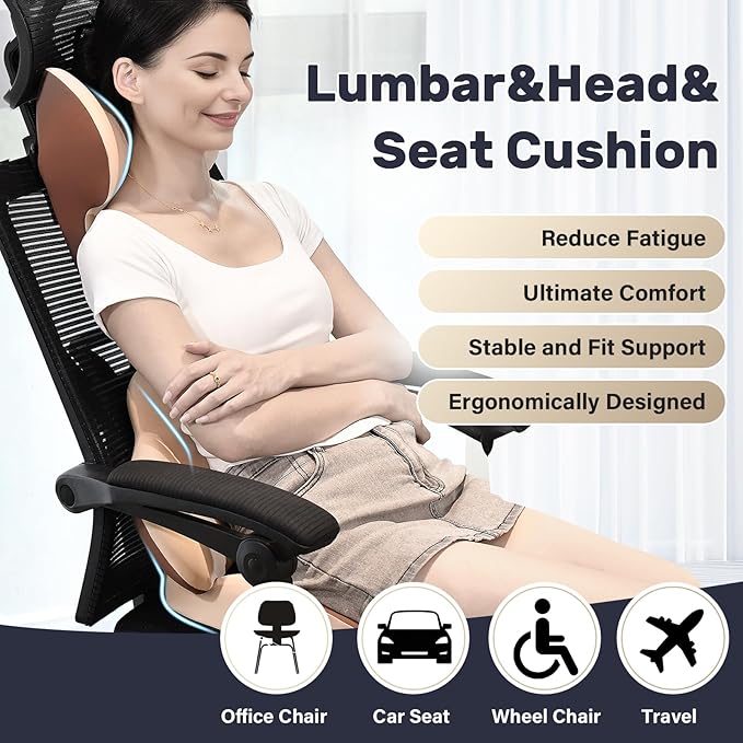 Coverado Seat Cushion and Lumbar Support Headrest Pillow for Car Office Chair, Ergonomic Memory Foam Chair Cushion Back Neck Support Pillow, Sciatica & Back & Tailbone Pain Relief Cushion-Beige