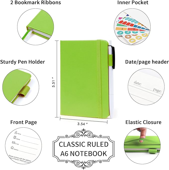 feela 6 Pack Pocket Small Notebooks Bulk, Mini Cute Memo Notepads Hardcover College Ruled Lined Journals with Pen Holder for Women Girls Office School, with 6 Black Pens, 3.5”x 5.5”, A6, Green