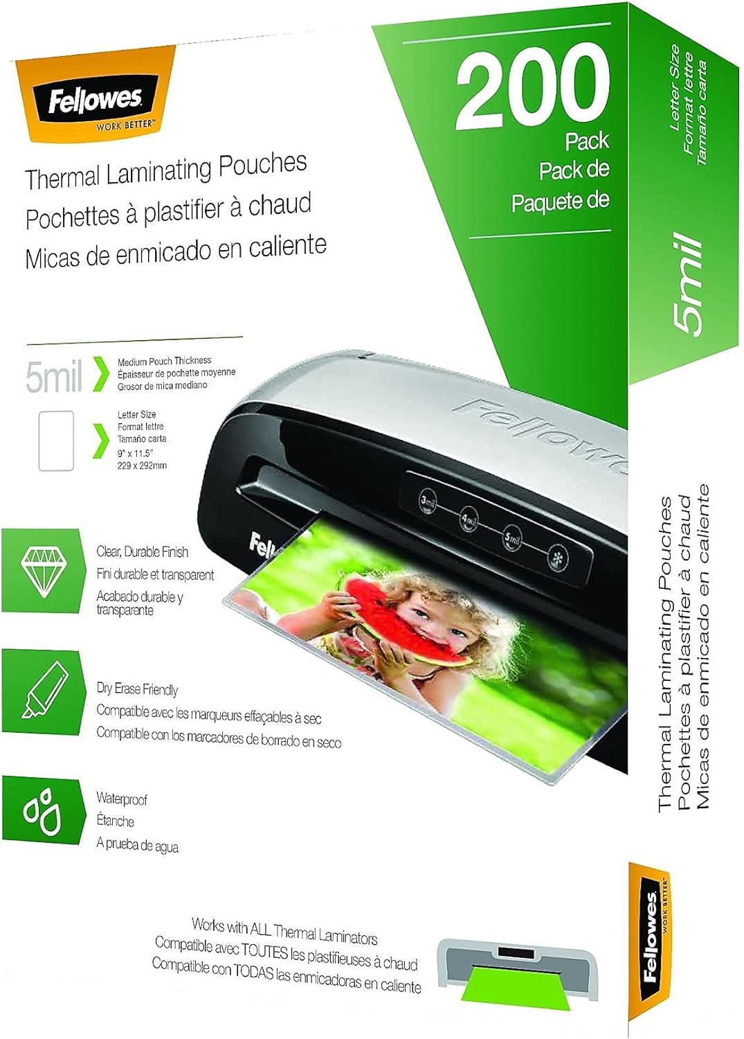 Fellowes Thermal Laminating Pouches, Letter Size Sheets, 5mil 200pk, Clear (5743601)