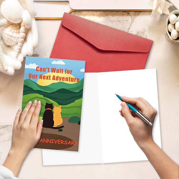 Funny Cat Anniversary Card Gift for Him Her, Happy Anniversary Card for Cat Lover, Romantic Cat Love Card for Boyfriend Girlfriend, Can't Wait for Our Next Adventure