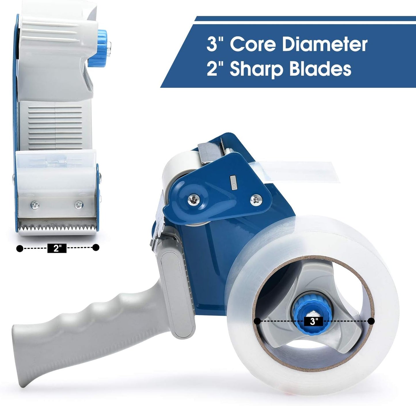 Pacific Mailer 2 Inch Tape Gun Dispenser with 2 Inch Carton Packing Tape, Lightweight Industrial Side Loading Tape Dispenser - Blue