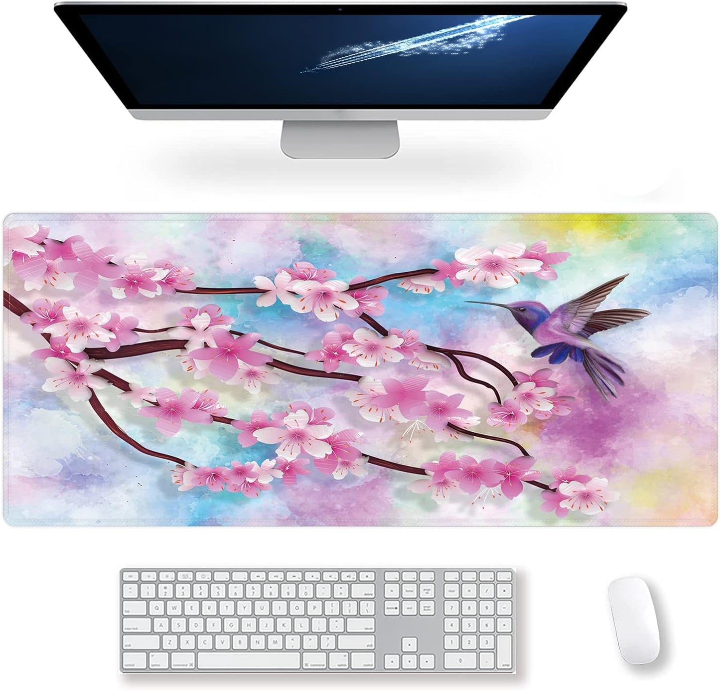 Extended Large Gaming Mouse Pad Spring Peach Blossoms and Hummingbirds XXL Size Keyboard Mouse Mat Desk Pad with Non Slip Rubber Base Stitched Edges Office Decor for Women Girls Men,35.4 x 15.7inch