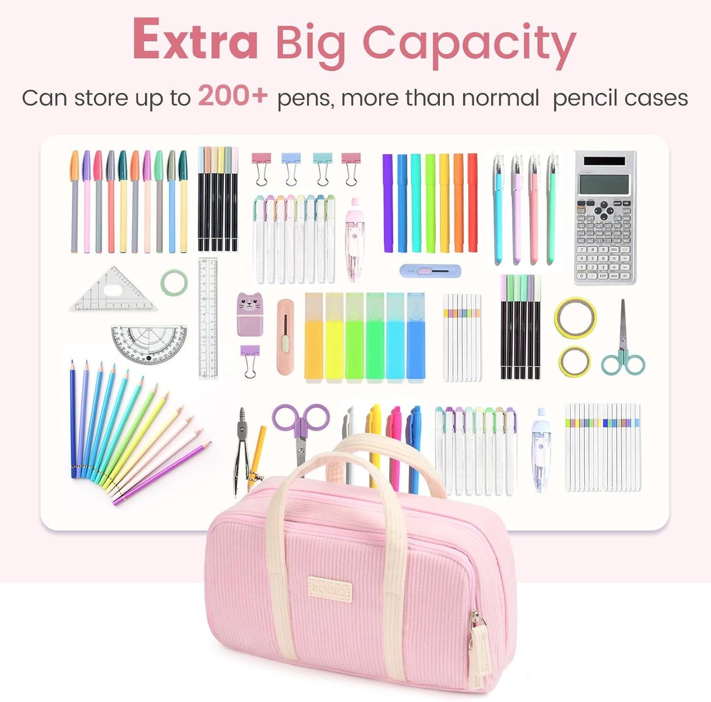 Sooez Large Pencil Case Pouch, Extra Big Pencil Bag with 5 Compartments, Pen Case Wide Opening, Soft Corduroy Pen Bag Organizer with Zipper, Cute Aesthetic School Supplies for Teen Girls, Pink