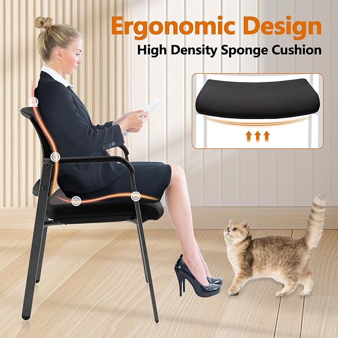 CLATINA Mesh Back Stacking Arm Chairs with Upholstered Fabric Seat and Ergonomic Lumber Support for Office School Church Guest Reception Black