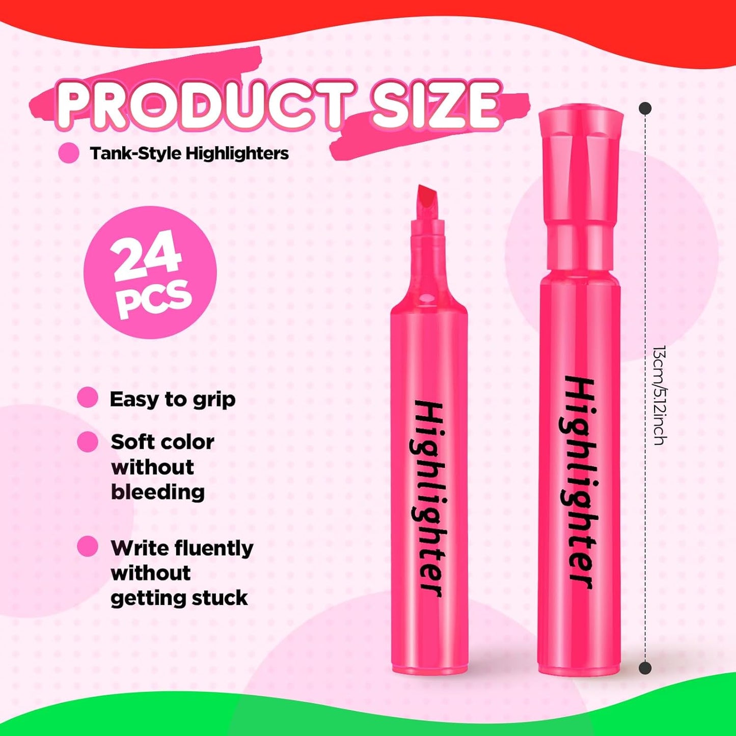 Qilery 24 Pack Tank Style Highlighters Chisel Tip Highlighters Bulk Colored Markers for Adult Coloring, Home Office Supplie(Pink)