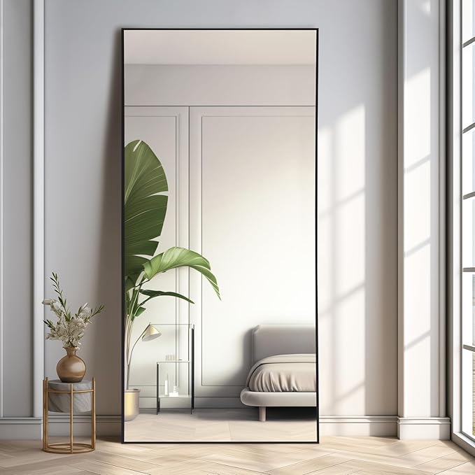 MELOMOIR 71"x32" Large Mirror Full Length, Oversized Floor Mirror Full Length for Bedroom Living Room Cloakroom Gym, Hanging Standing or Leaning Full Body Mirror with Stand, Black Aluminum Alloy Frame