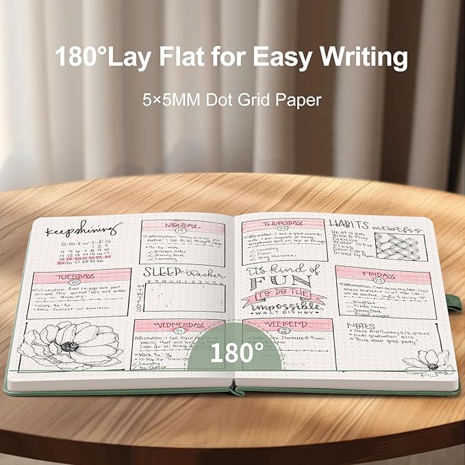 AHGXG Bullet Dotted Journal - Dot Grid Notebook Journal, 120 GSM Thick Acid-Free Paper, A5 Dotted Notebook 160 Pages, Leather Hardcover, Inner Pocket, Journal Stencil, 5.7'' × 8.3'' - Sage Green