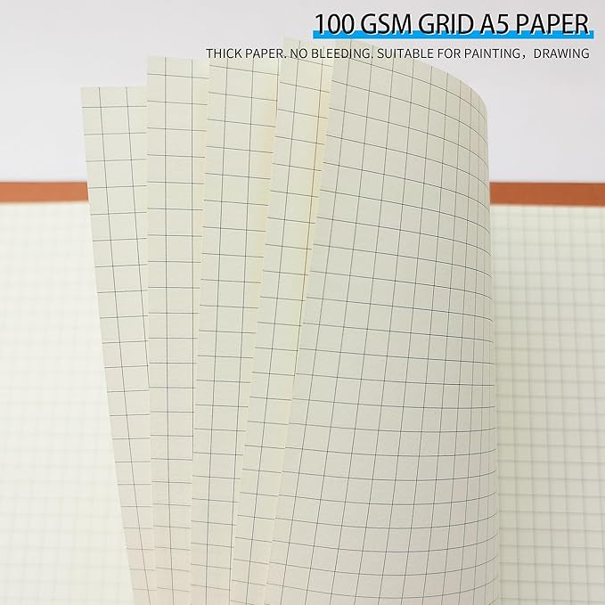 A5 Grid Refill Paper,100GSM A5 Graph Rule Paper/Quad Rule Filler Paper for 6 Ring Refillable Binder/Planner/Diary Journals/Painting, 80 Sheets/160 Pages (Beige-Grid-A5)