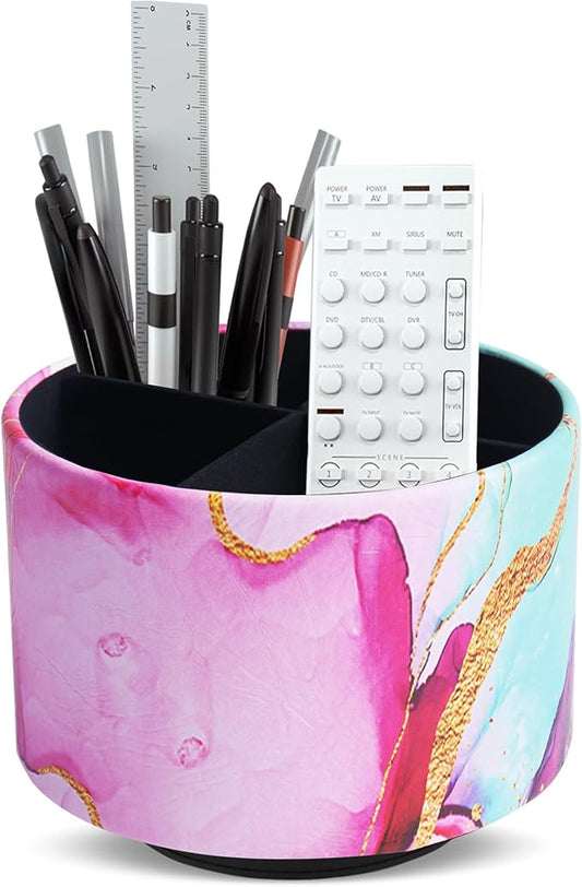 Round Leather Art Supply Organizer,Remote Control Holder,360-degree Rotating Pen Organizer with 4 Compartments(1-Red Green Splash Ink)