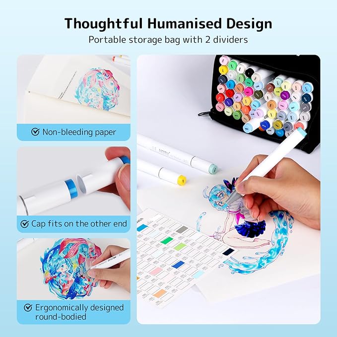 Alcohol Markers Brush Tip -60 Virant Colors Daul Tips Art Markers Set, for Artist Adults Coloring Illustrations, with Seamless Blending, Colorless Blender, Anti-Bleeding Pad, &Premium Ink