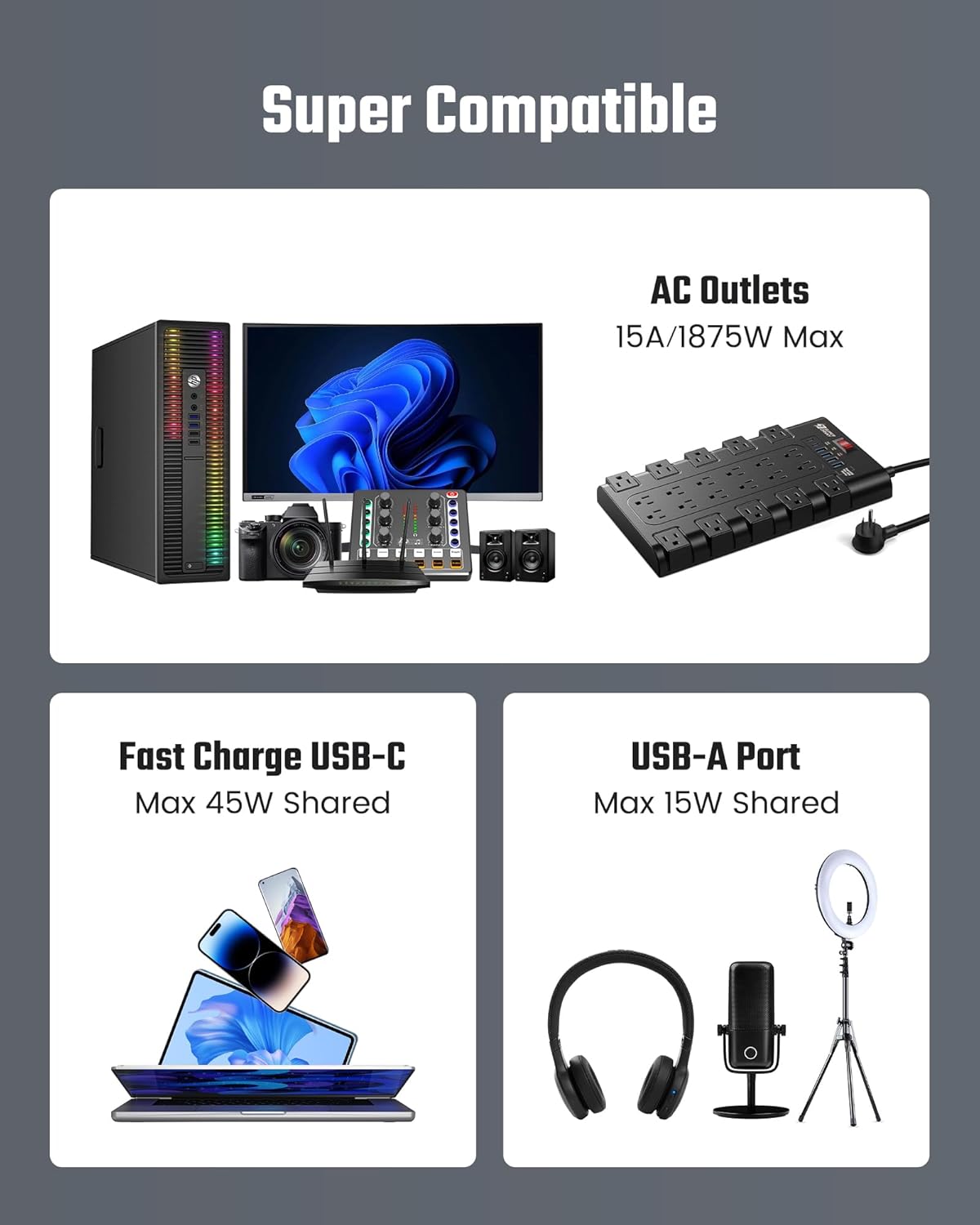 Surge Protector Power Strip, SUPERDANNY Charging Station 22 Outlets with 45W Type-C Fast Charging USB Ports, 4 USB-A, 2 USB-C, 2100J, 15A/1875W, 6.5Ft Flat Plug Extension Cord for Home Streaming Black