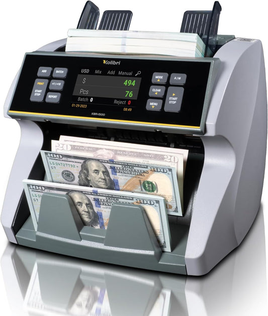 KOLIBRI KBR-1500 V2 Business-Grade Money Counter | Bill Counter, Sorter, Reader with Counterfeit Detection | Mixed Value Money Counting Machine | US Tech Support