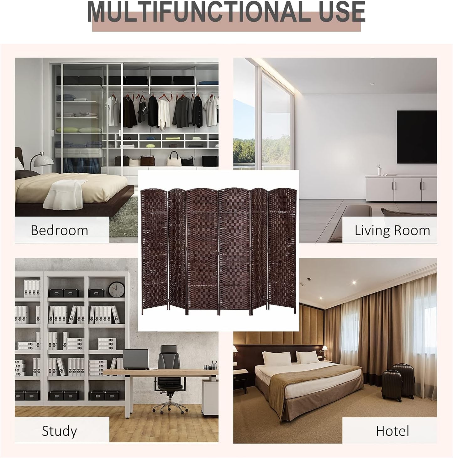 HOMCOM Room Divider 6 Panels Folding Privacy Screen 6FT Tall Portable Wicker Weave Partition Wall Divider for Bedroom Home Office, Brown
