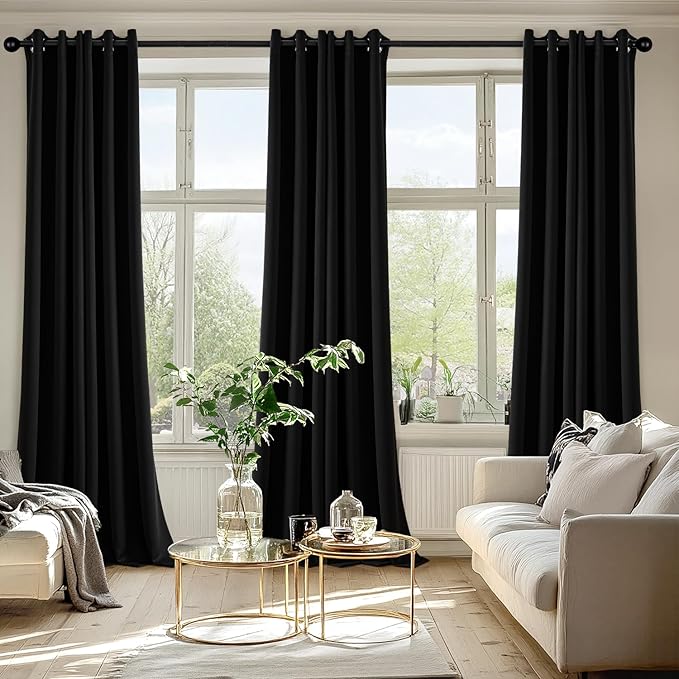 MIULEE Black Blackout Curtains for Bedroom Living Room 90 Inches Long 2 Panels, Thermal Insulated Room Darkening Drapes Solid Grommet Top Noise Reduction Light Blocking Halloween Window Treatments