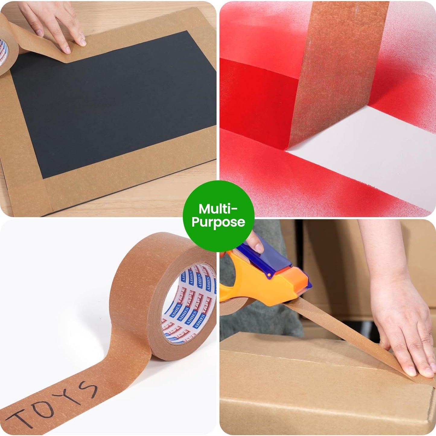 ADHES Heavy Duty Kraft Paper Tape Eco Friendly Packing Tape Writable Non-Coated Surface for Masking, Sealing, and Packaging Use,2” x 43 Yards,72Rolls