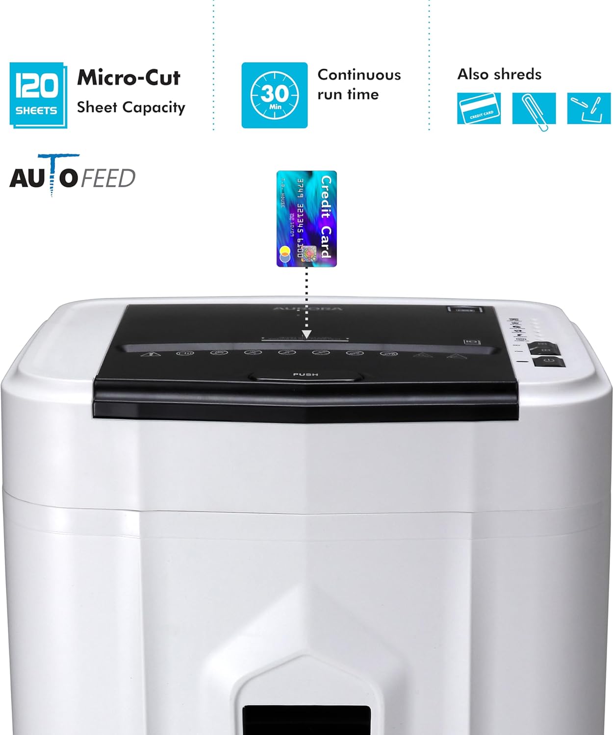 Aurora Professional Grade 120-Sheet Auto Feed Micro-Cut Paper and Credit Card Shredder with 5 Gallon Pullout Basket / 30 Minutes/Security Level P-4 (White/Black)