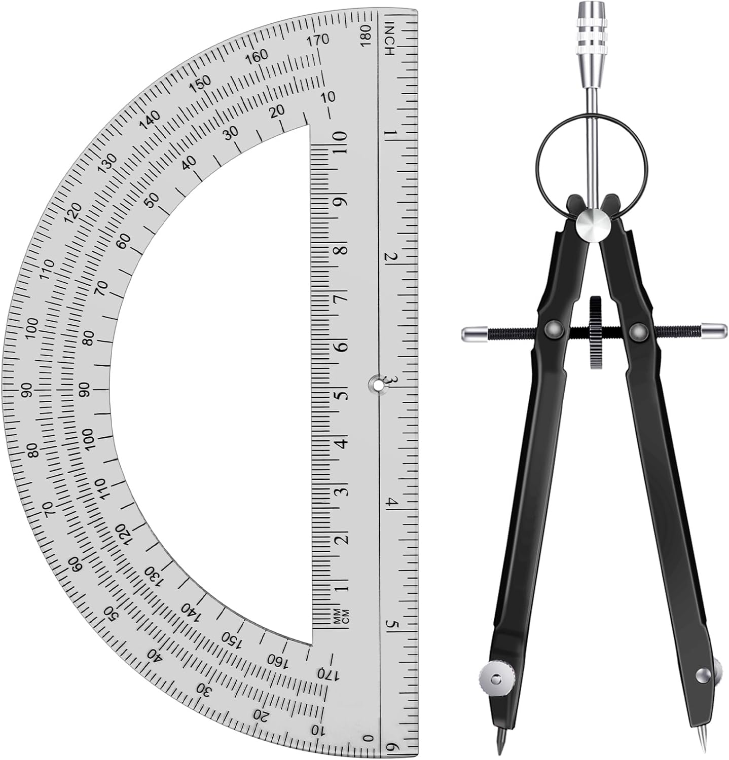 EBOOT Student Geometry Math Set, Drawing Compass and 6 Inch Clear Swing Arm Protractors 180 Degree Math Protractor (Black and Black)