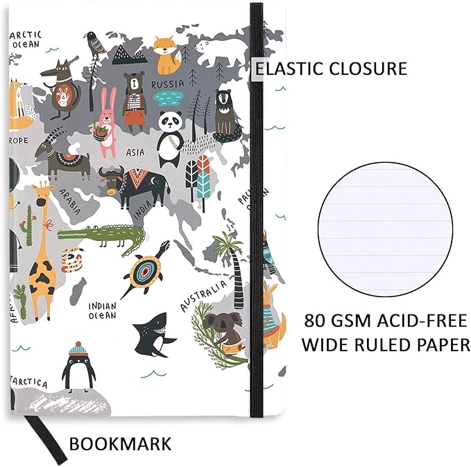 RICCO BELLO Wide Ruled Hardcover Diary Journal School Notebook for Kids, Tweens - Bookmark, Band Closure, Storage Pocket, 5.7 x 8.4 Inches, 192 Pages, (Animal World)