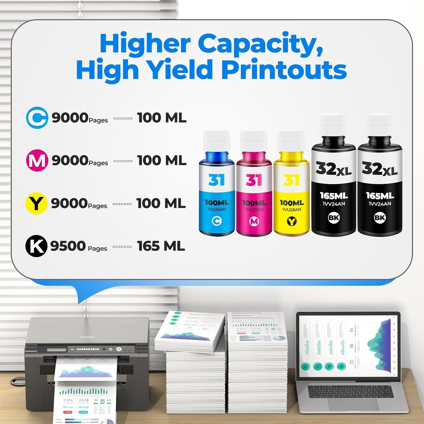 31 Ink 32XL Black Ink Bottle Set for Smart Tank Ink 7602 5101 651 5000 5103 6001 7301 7001 Compatible with HP 31 32XL Ink Bottle Set for Smart Tank 5101 5000 7602 7301 7001 5102 7002 7006 551 Printers