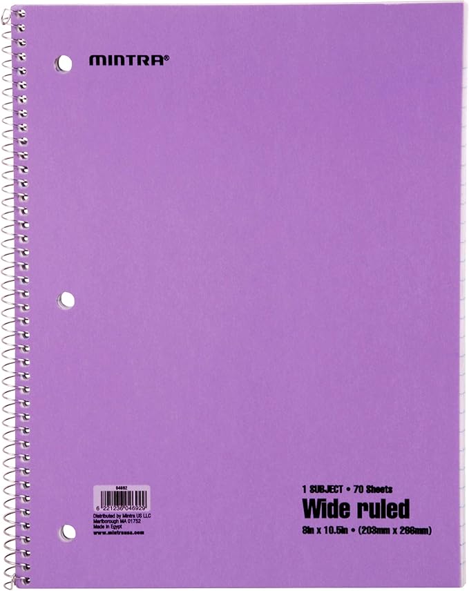 Mintra Office Spiral Notebooks - 1 Subject, 70 Sheets, WIDE Ruled, 8in x 10in, Bulk Pack, Pastel Covers, Set of 6 - for School, Office, Business, Professional (04692)