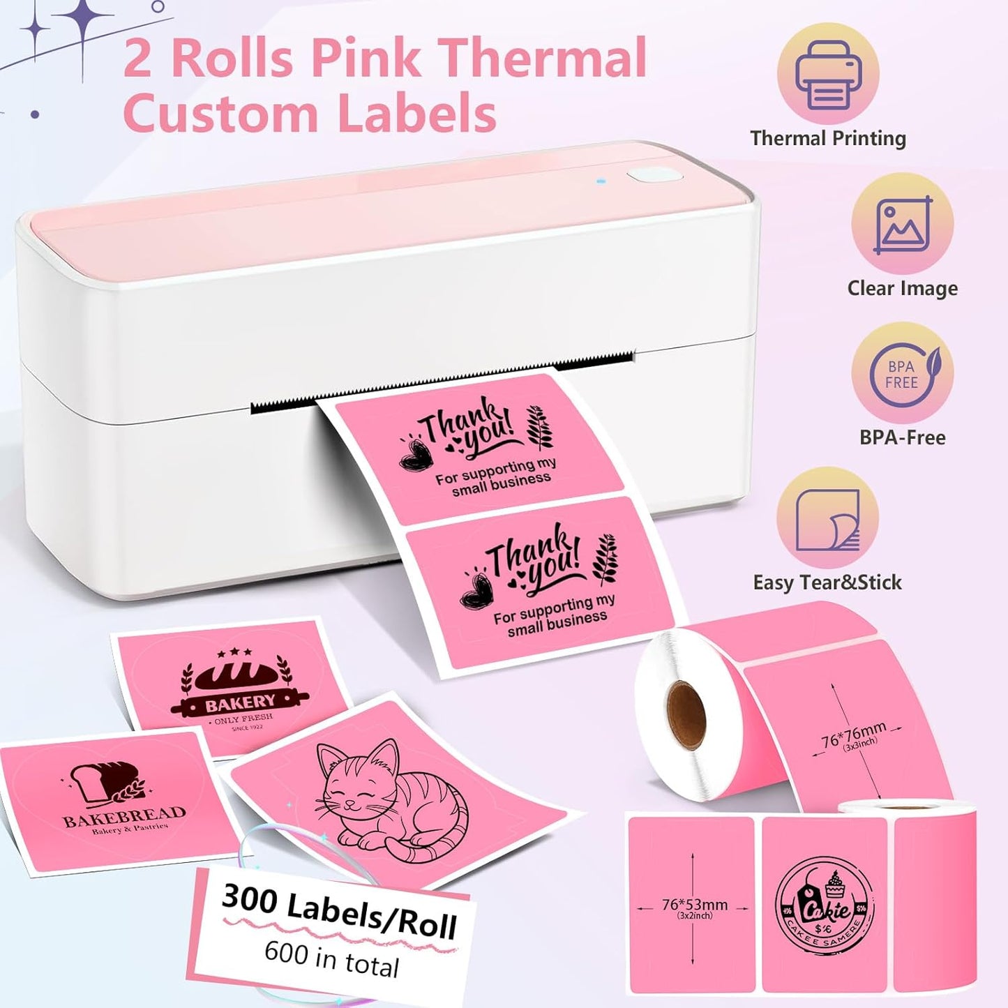 2 Rolls Pink Thermal Labels Personalized & Business Customized Label Stickers for Phomemo 241BT for MUNBYN 130B/RW402B Printers, 600Pcs Waterproof Shipping Label Sheet for Logo/Name/Thanks