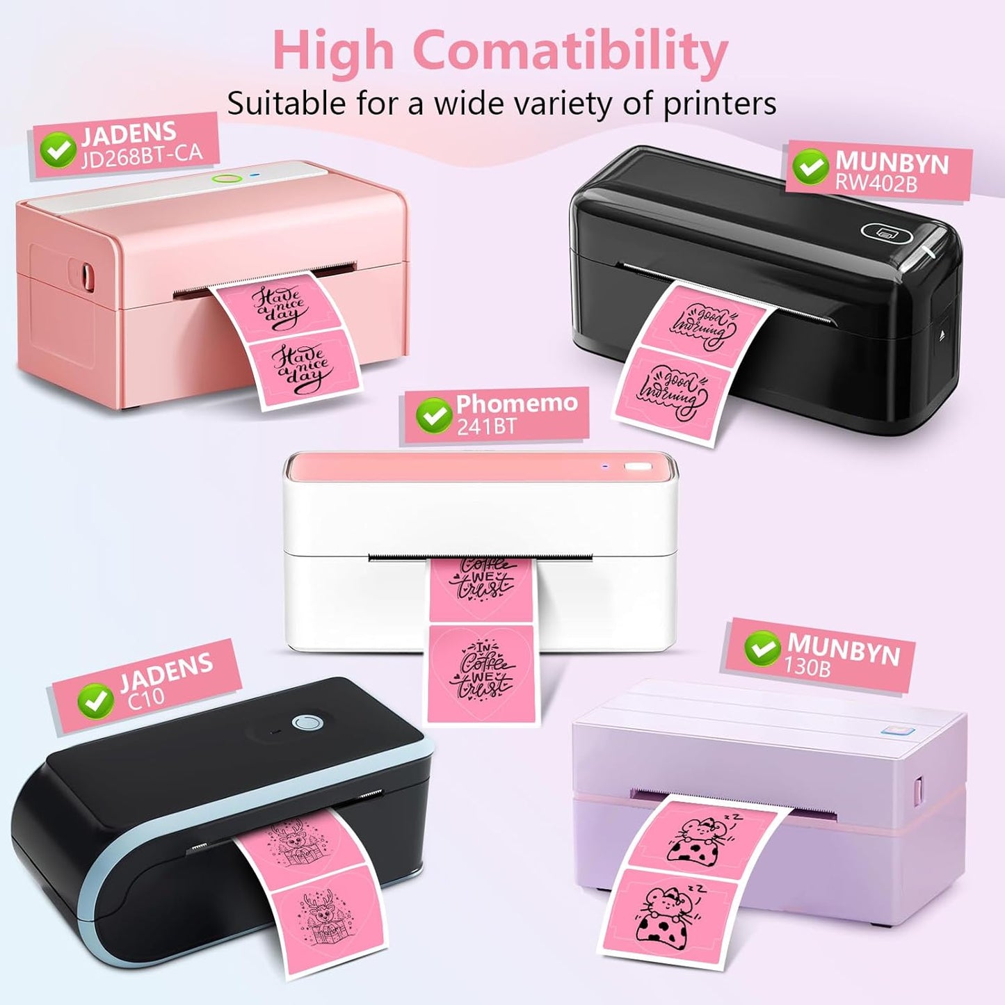 2 Rolls Pink Thermal Labels Personalized & Business Customized Label Stickers for Phomemo 241BT for MUNBYN 130B/RW402B Printers, 600Pcs Waterproof Shipping Label Sheet for Logo/Name/Thanks
