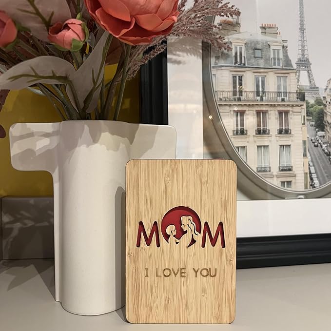 Mother's Day Gift Card from Daughter or Son,Wooden Birthday Card for Mum,I Love You Mom Birthday Gift Cards,Special Birthday Gift for Mum, Wooden Greeting Cards from Kids