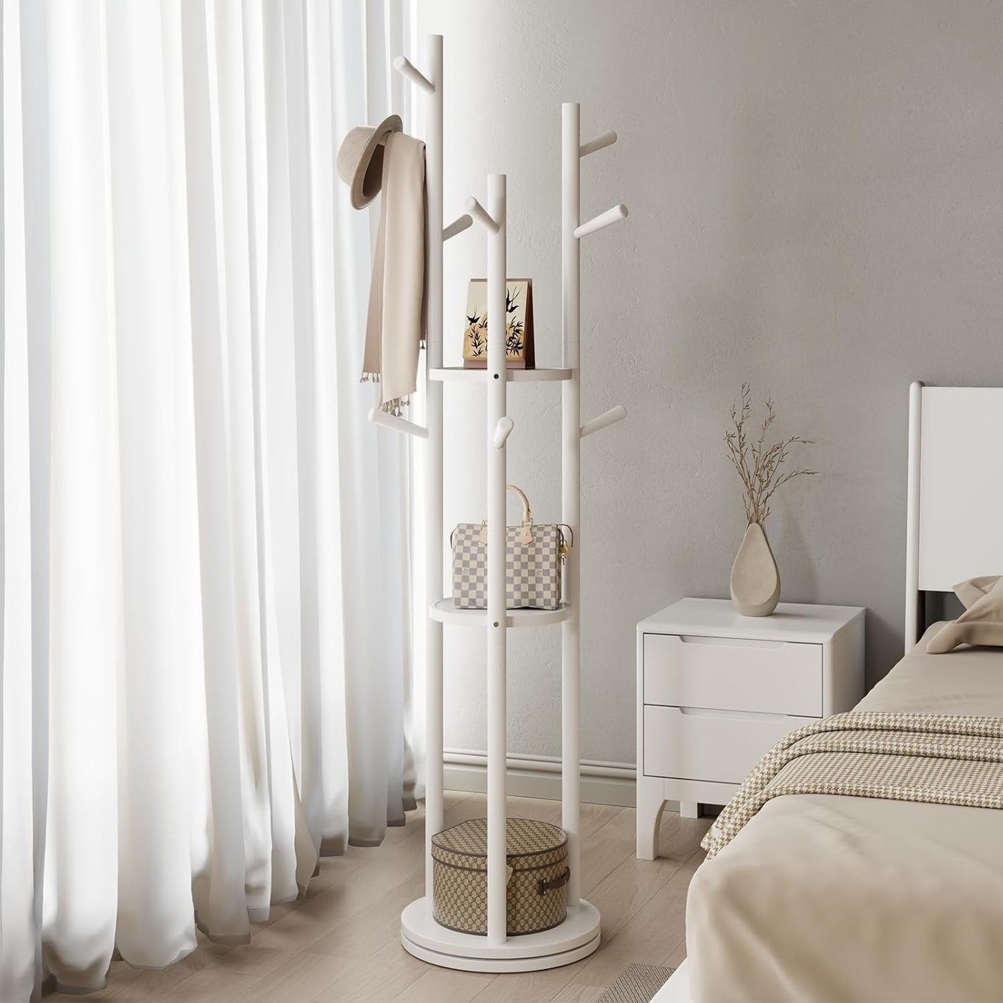 Solid Wood Rotary Coat Rack, Freestanding Coat Rack with 3 Shelves and 9 Hooks, Coat tree for Bedroom, Entryway, Livingroom, Coat Hanger Stand for Coats, Scarves, Handbags (White)