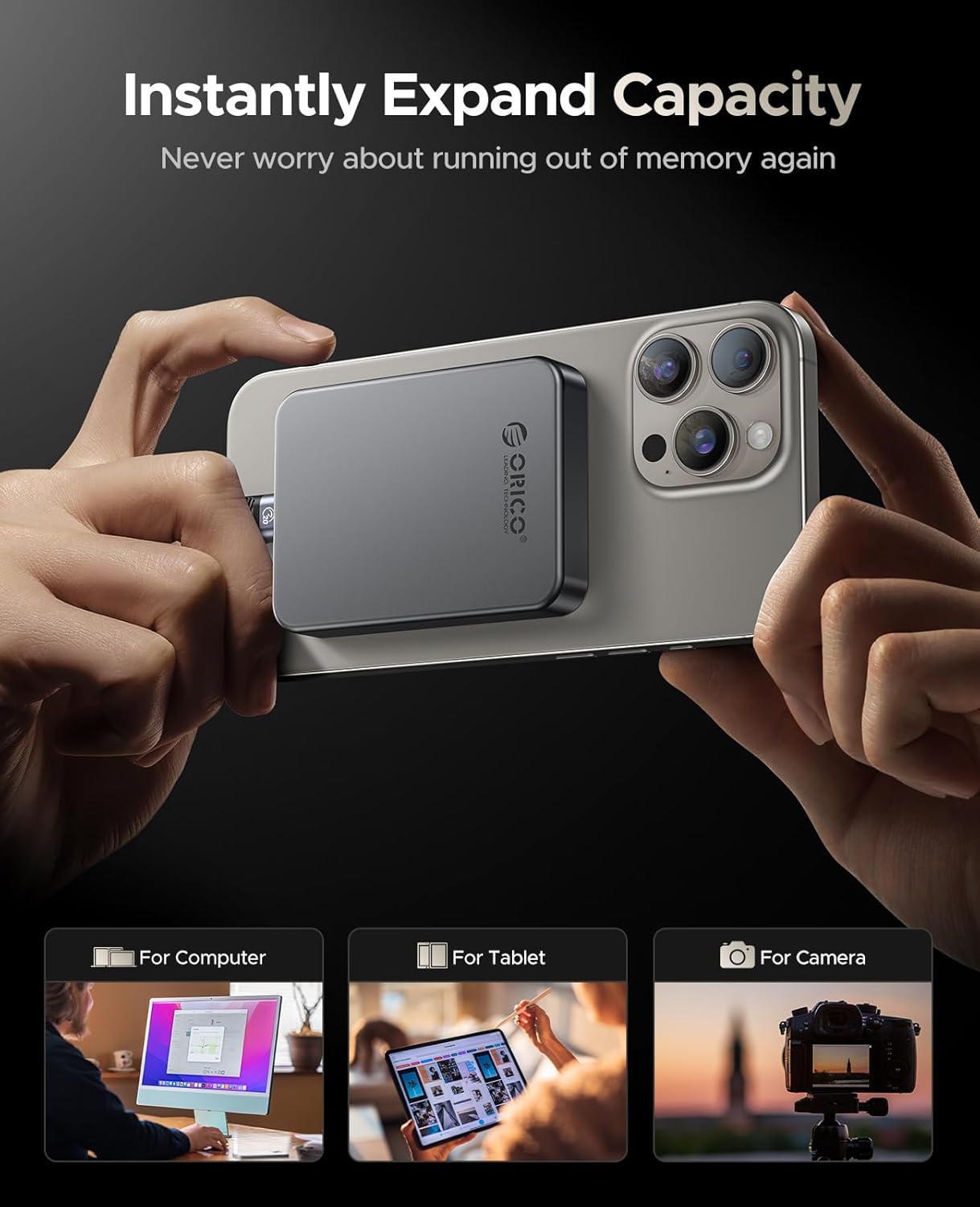 ORICO 2TB Magnetic Portable SSD, Aluminum Alloy, 4K 120 fps ProRes HDR Record and Store, Up to 2000MB/s, External Solid State Drive, Compatible with iPhone 16 Pro Max, Tablet, Computer - K20