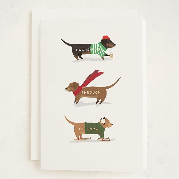 Minted Dachshund Through the Snow Christmas Cards, 8 Cards with Envelopes, Folded 5x7 Holiday Card with Playful Dog Illustration, Classic Design, Gold Foil-Pressed, Luxurious Paper, Interior Message