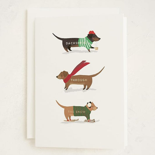 Minted Dachshund Through the Snow Christmas Cards, 8 Cards with Envelopes, Folded 5x7 Holiday Card with Playful Dog Illustration, Classic Design, Gold Foil-Pressed, Luxurious Paper, Interior Message