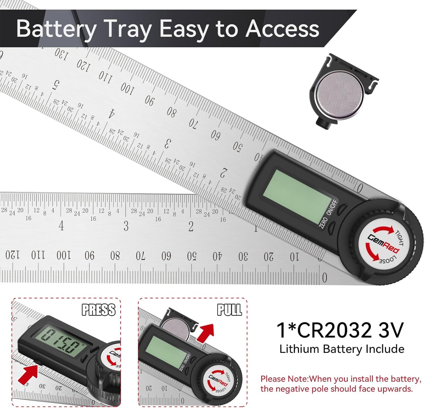 GemRed 82305 Digital Angle Finder Protractor (Stainless steel 300mm)
