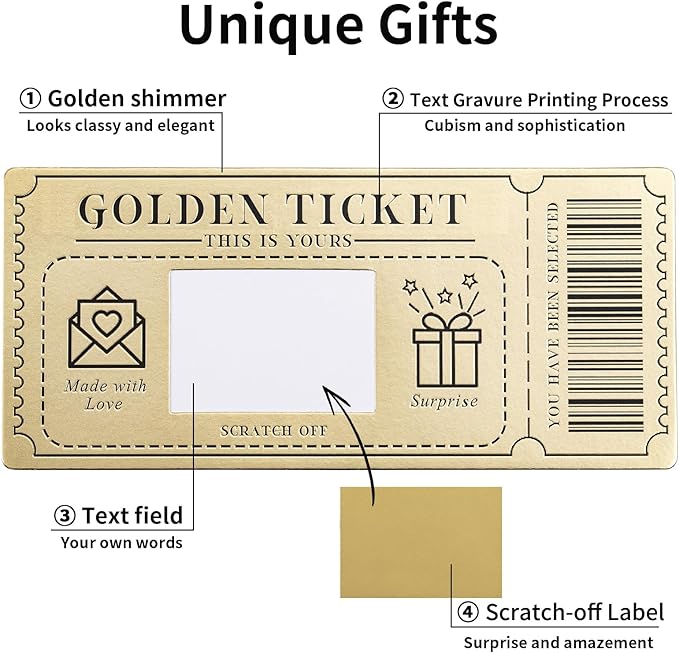 6 Pieces Golden Ticket Scratch-off Cards with Envelopes, Scratch & Reveal Surprise Ticket for Writing Your Own Special for Birthday, Girlfriends, Wives, Valentine's Day Card, Christmas Gift Card