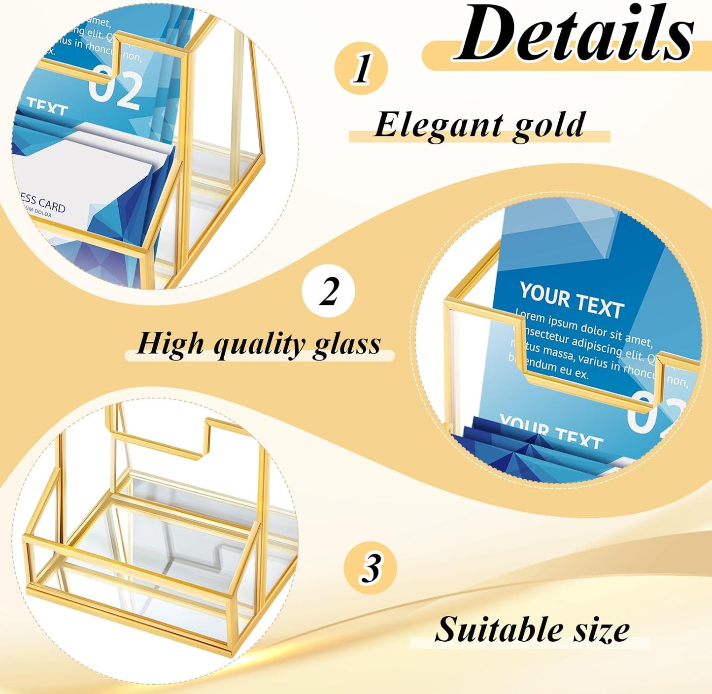 2 Pcs 4 Inches Gold Glass Brochure Holder Countertop Literature Trifold Pamphlet Stand with Business Name Card Holder Flyer Brochure Display for Magazine, Booklets, Menu, Journals Display