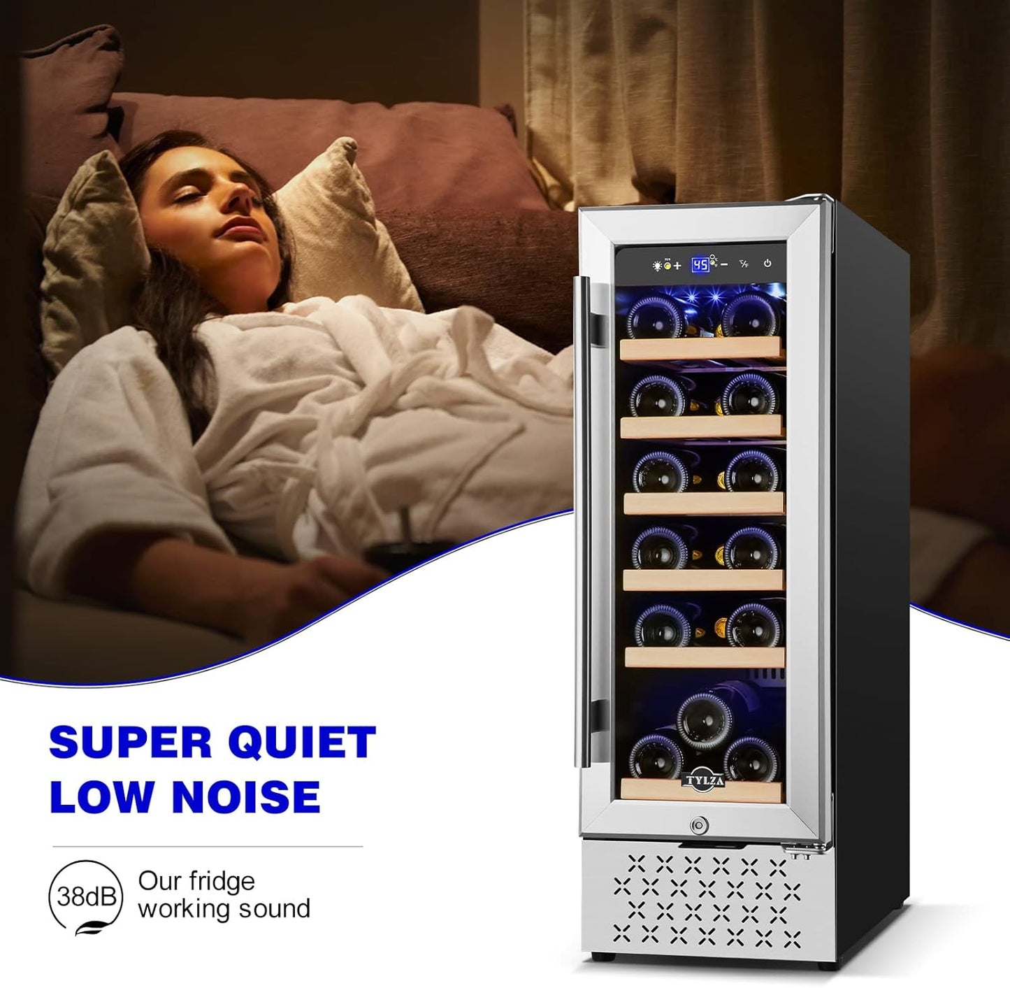 Tylza 12" Wine Cooler Refrigerator, 18 Bottle Wine Fridge Built-in or Freestanding with Stainless Steel & Double-Layer Tempered Glass Door, Compressor Fast Cooling, Low Noise and No Fog, Mini Fridge