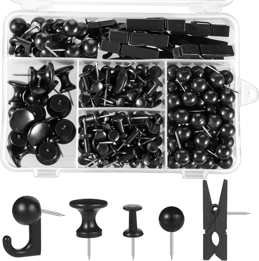 200 Pieces Push Pins Thumb Tacks Black Push Pins for Cork Board, 5 Style for Bulletin Boards Wall Maps Pictures Office Home Supplies
