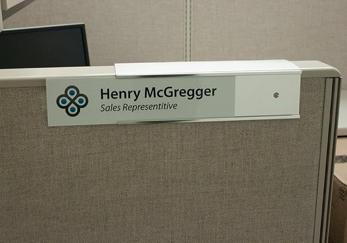 Quality Aluminum, Changeable Cubicle Nameplate Holder, Satin Silver Base, and Silver Name Plate Holder, (2" Depth)