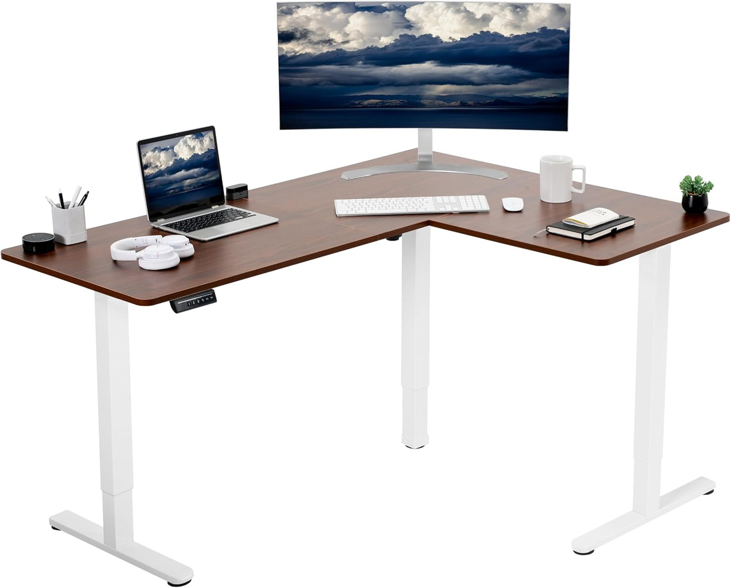 VIVO Electric Corner L-Shaped 63 x 47 in Standing Desk, Memory Height Adjustment, Dark Walnut Top White Frame, DESK-E3CTWD-47