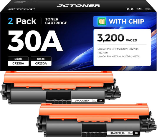 30A Black Toner Cartridge 2-Pack with chip High Yield Replacement for HP 30A CF230A 30X CF230X Compatible for HP LaserJet Pro MFP M227fdw M227fdn M227sdn M203dw M203dn M203d Printer M277 M203 Ink Copy